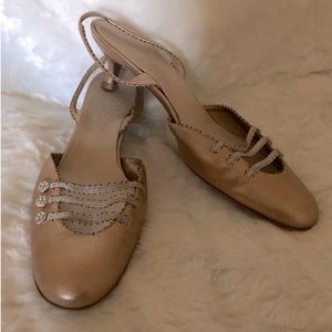 Salvatore Ferragamo Metallic Champagne Kitten Heels with Swarovski Accents 11B